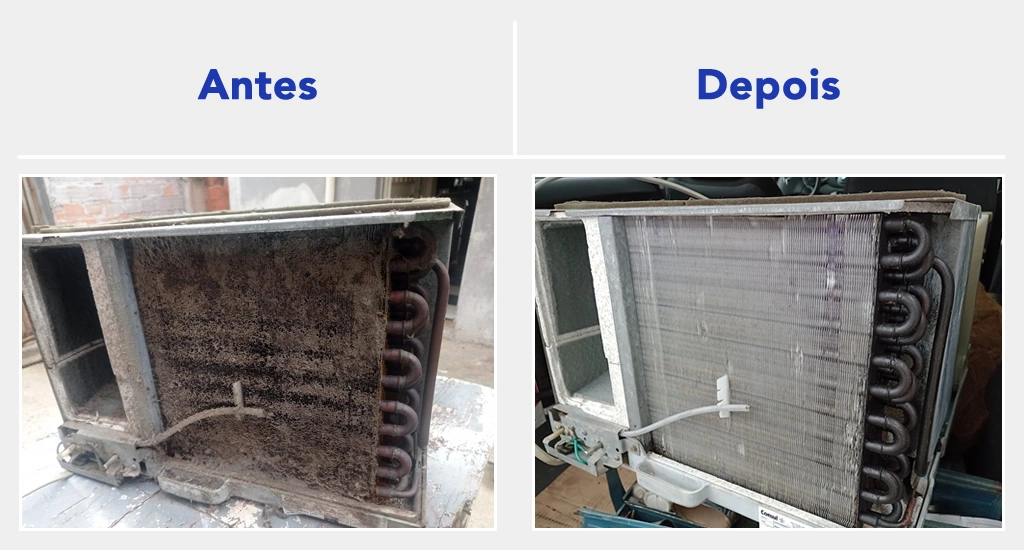 Antes e depois da limpeza da condensadora do ar condicionado em Imperatriz