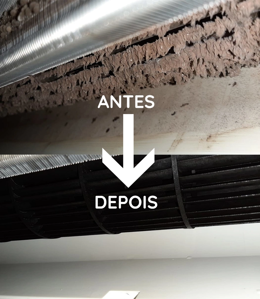 Antes e depois da limpeza da serpentina do ar condicionado em Imperatriz